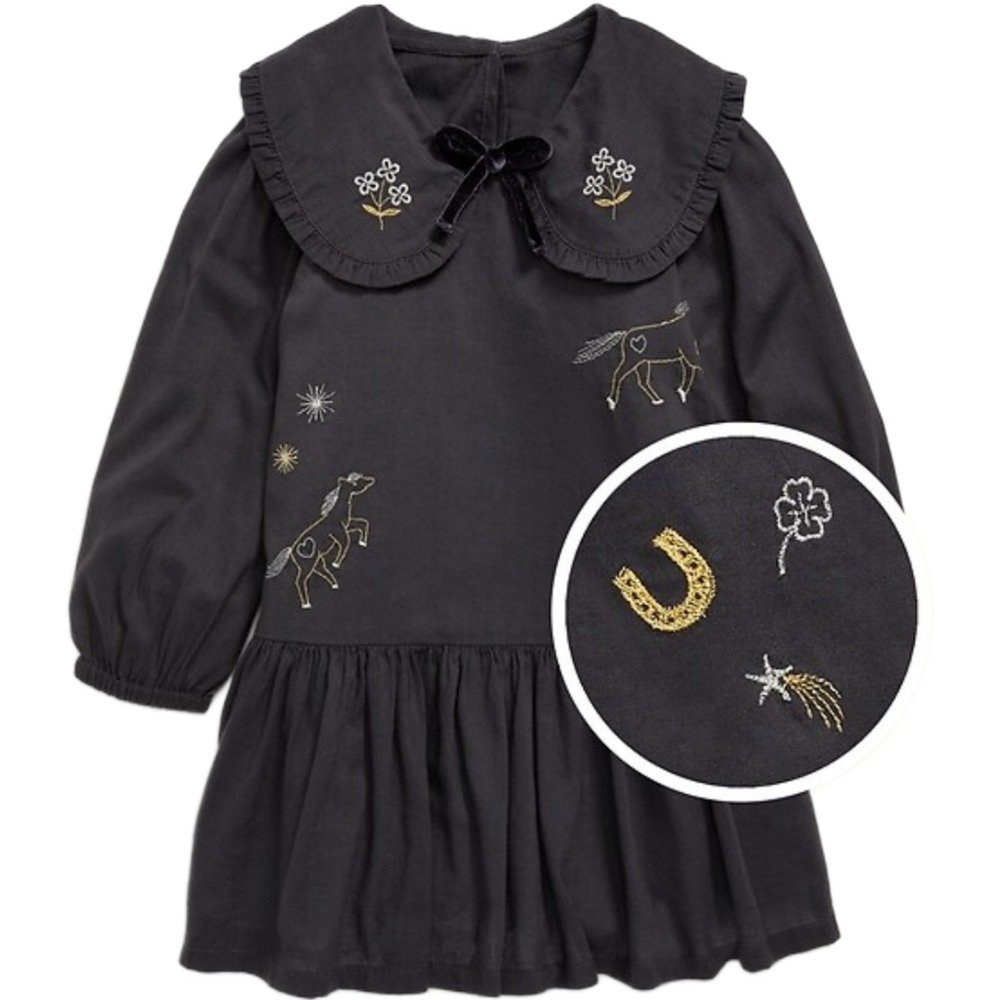 NWT Old Navy Girls 4T Black‎ W/Metallic Embroidery Long Sleeve Drop Waist Dress